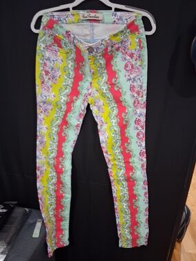 True Freedom Skinny Jeans in Mint Green, Coral & Yellow Floral Stripe